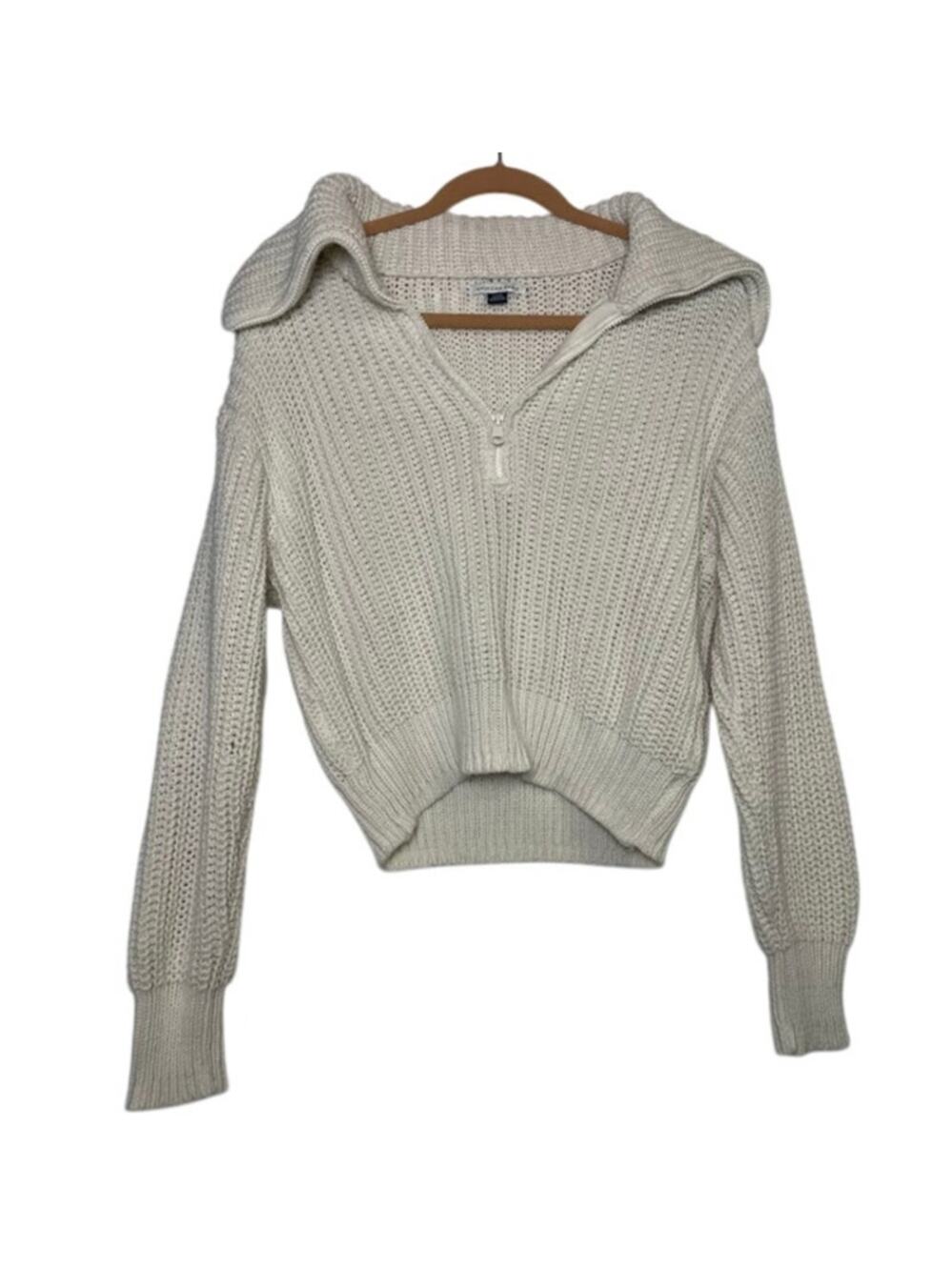 American Eagle Cable Knit Quarter Zip Sweater Cropped Chunky Cream‎ Y2K Large
